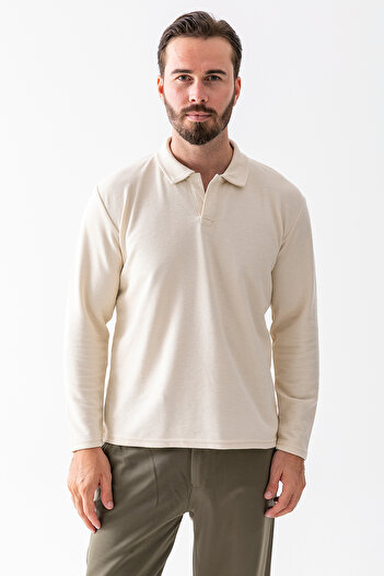 JB John Borners Men's Polo Neck Textured Cotton Sweatshirt Stone - 25K 1099