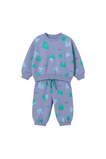 Magu Boys' Cotton Blue Color Patterned Sweatshirt and Sweatpants Set – Green Turquoise Navi Printed