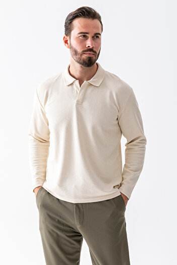 JB John Borners Men's Polo Neck Textured Cotton Sweatshirt Stone - 25K 1099