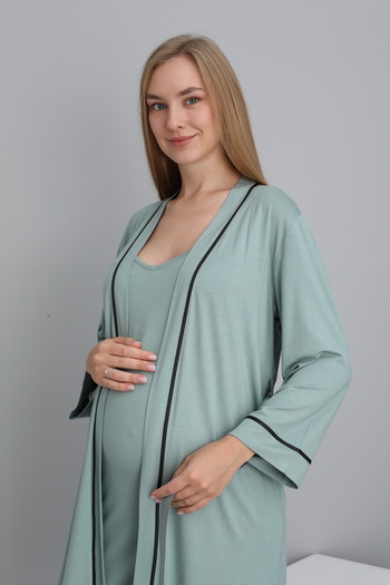 Miss Dünya Lissa Stripe Detailed Midi Length Strap Maternity and Postpartum Dressing Gown Nightgown Set
