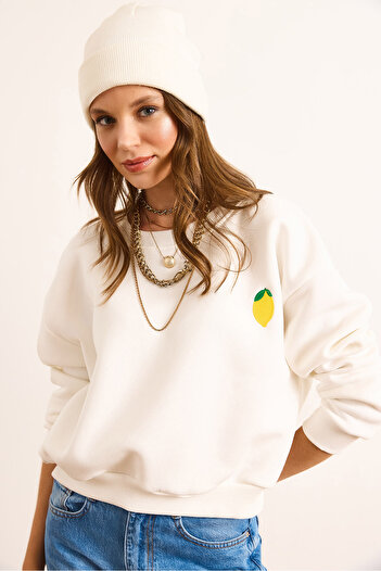 Olalook Women's Ecru Lemon Embroidered Crop Thick Sweatshirt with Fleece Inside Swt-19000716
