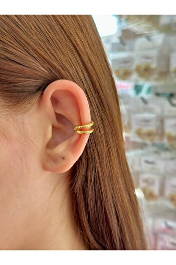 BY YASİN TOPÇU Steel Silver Color Bow Stone Double Band Cartilage Earrings
