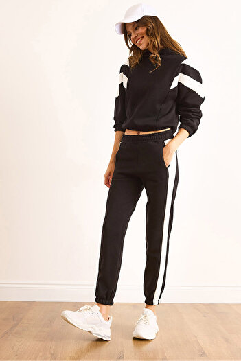 Olalook Women's Black Stripe Detailed Thick Tracksuit Set Etkm-0000070
