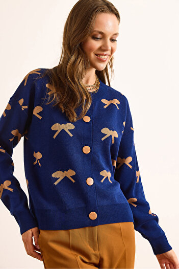 Olalook Women's Navy Blue Crew Neck Bow Detailed Buttoned Cardigan Hrk-19000363