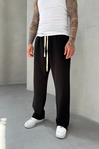 MADZEYMODA Men's Baggy Loose Fit Dirty Leg Detail Elastic Waist 100% Cotton Black Tracksuit Bottom Ke-7015