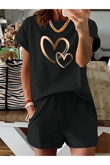 Modayakamoz New Season Women's Short Sleeve Crew Neck Viscose Two Thread Blouse and Shorts Two Piece Set