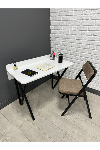 hey modüler mobilya Buse Çalışma Masası Ofis Bilgisayar Masası + Katlanır Sandalyeli 103 cm Metal Siyah Ayak