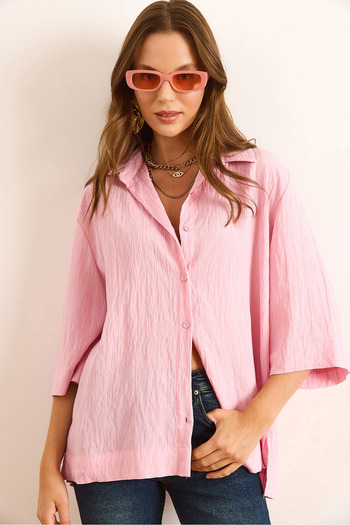 Olalook Women's Candy Pink Three Quarter Sleeve Back Pleated Textured Shirt Gml-19001386
