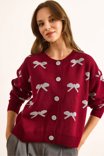 Olalook Women's Burgundy Crew Neck Bow Detailed Buttoned Cardigan Hrk-19000363
