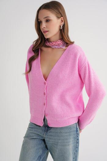 Mixray 6943 Kadın V Yaka Selanik Hırka Pembe