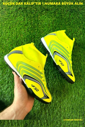 Walked Erkek Çocuk Bilekli Boğazlı Çoraplı Halı Saha Krampon Sarı Mavi Renk Futbol Spor Ayakkabı-DAR KALIP