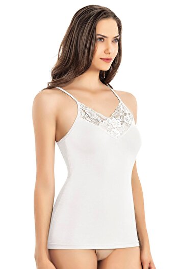 Bonnie Clyde Women's Plain Comfortable Modal-Style Lace V-Neck Strap Tank Top White - White - Bcp1.Kob-6Y60V5-Be