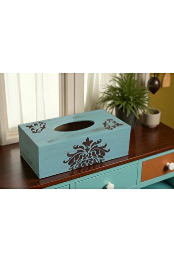 Decoratiuni Vintage Casa Retro Cutie din lemn pentru servetele, pictata manual, albastru cu maro, 13 x 25 cm
