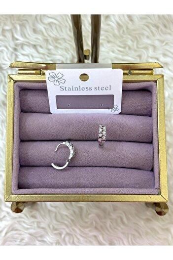 BY YASİN TOPÇU Steel Silver Color Baguette & Round Stone Mini Hoop Earrings