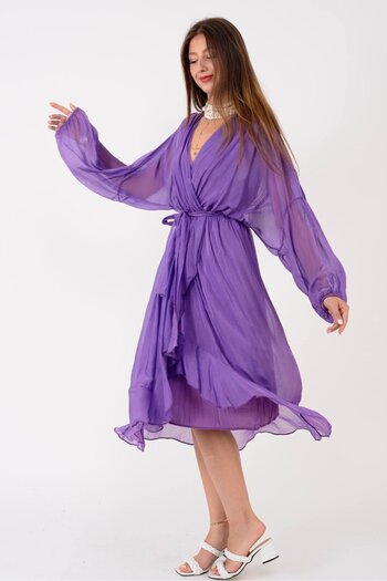 Park Moda 6151 Spello Fir Fir Detailed Double-Breasted Silk Dress