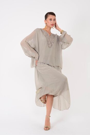 Park Moda Sn780 Sequence Embosed Collar Detail Silk Dress