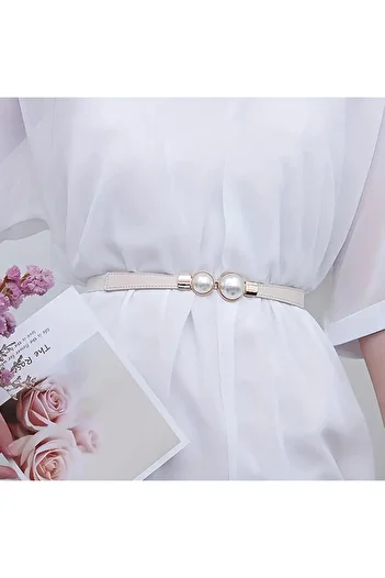 MODAM HİFA White/Pearl Detailed Women's Belt Dress Belt Shirt Belt Waist Belt