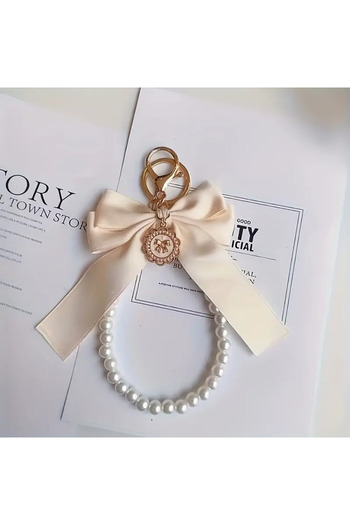 ELENKA Elegant Bag Charm Keychain Accessory with Bow Ribbon and Pearl