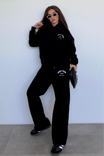 Madmext Black Hooded Printed Women's Tracksuit Set Mg2524