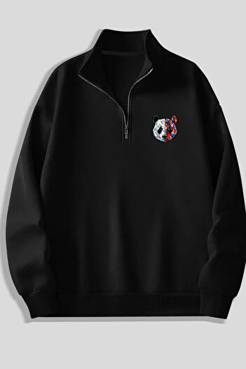 Sweetline Black Zippered Dikyaka Sweatshirt - Colorful Panda - Winter Textile