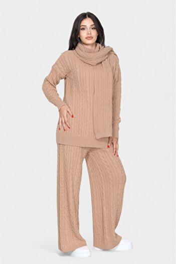 NEWCO Loose Cut Scarf Detail Pants and Long Sleeve Knitwear Set with Stylish and Comfortable Design