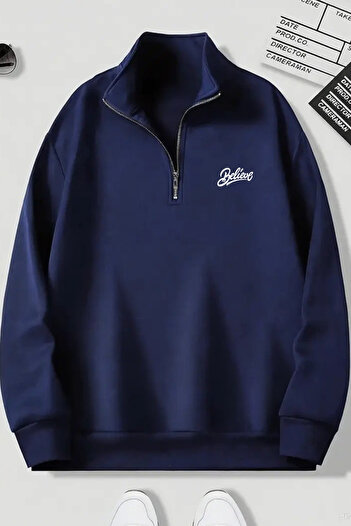 VBSVİBES Navy Blue Zippered Dikyaka Sweatshirt - Mini Beli̇ve Printed - Winter Hooded Fabric