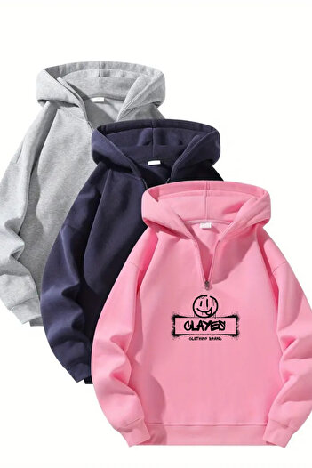 CLAYES Hanorac oversize unisex cu glugă cu fermoar și imprimeu C – gri / bleumarin / roz