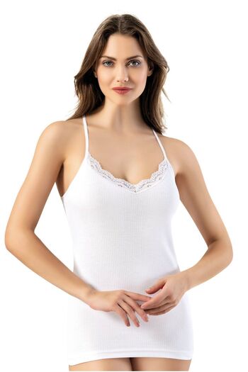Sereia Women's Report and Lace Collar Detailed Comfortable Thin Strap Tank Top White 6-Piece - White - Sreiakoq-6C42O1-Be