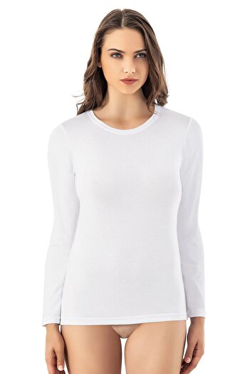 Selkar Global Women's Long Sleeve Round Neck Modal Design Plain Design Undershirt White - White - Selkrkoo-6Y61I7-Be