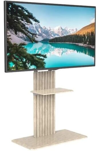 HAMOOD TV SA Hamood Mobile Studio Floor TV Stand for 32-70 inch Screens, White + MDF Wood, Light Wood Color, H066