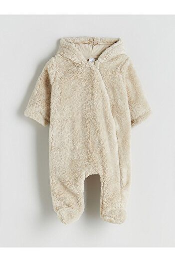 LC Waikiki Beige Hooded Baby Boy Plush Jumpsuit W5Ap04Z1