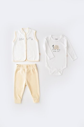 Magu Unisex Baby Organic Velvet Cotton Turtle Patterned 3-Piece Set - Body Vest Pants