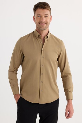 Tudors Regular Fit Button Collar Cotton Easy Iron Oxford Plain Men's Mink Shirt