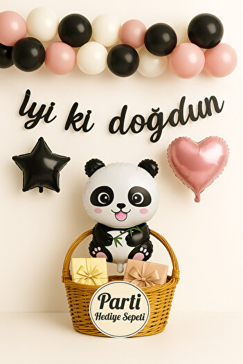 parti hediye sepeti Panda Foil Balloon Birthday Ornaments Set |   Black Star + Pink Heart Balloon