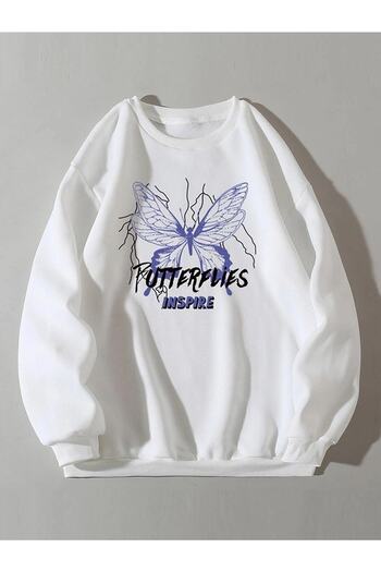 Pisa Art Γυναικεία φούτερ White Butterflies Inspire με στάμπα oversize