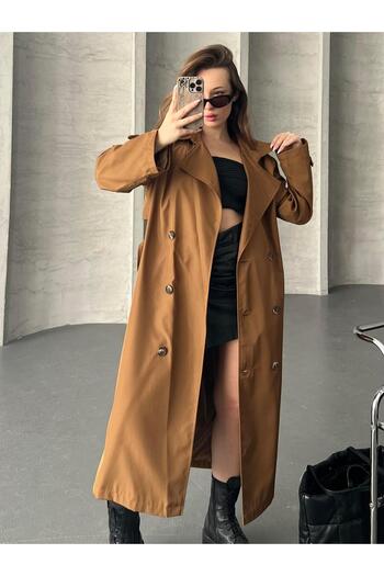 FERZOLAİO Oversize Belted Buttoned Tan Trench Coat