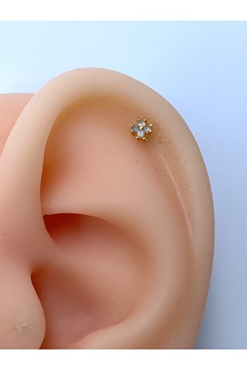 kurukafagift Çelik Piercing Mavi Zirkon Taşlı Çiçek Mini Figürlü Tragus Helix Kıkırdak Küpe 8 mm