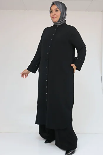 Eslina 57053 Large Size Crepe Suit with Skirt and Oval Trousers - Black