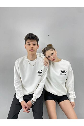 Pisa Art Unisex Λευκή King Εκτύπωση Μπλούζα με Στρογγυλή Λαιμόκοψη για Ζευγάρια Σετ 2 τεμαχίων