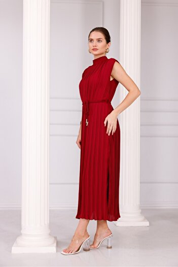 Pulli Collection Bordo Piliseli Uzun Elbise – Kuşak Detaylı