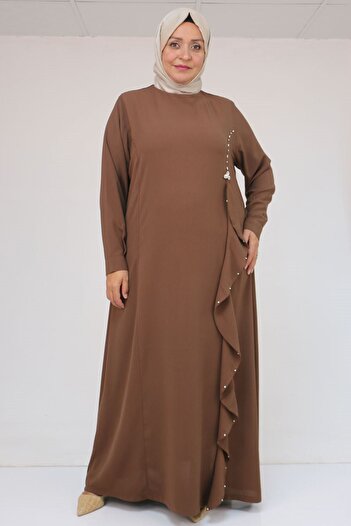 Eslina 52016 Plus Size Crepe Dress with Ruffles on the Front and Stone Detail - Brown