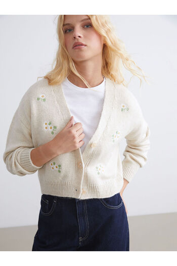 LC Waikiki Beige V-Neck Floral Embroidered Women's Knitwear Cardigan