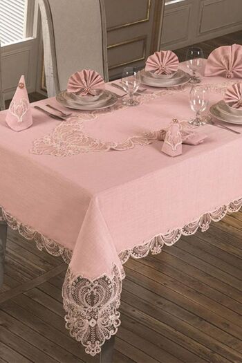 bursa çeyiz French Laced Jasmine Tablecloth Set 26 Pieces Powder