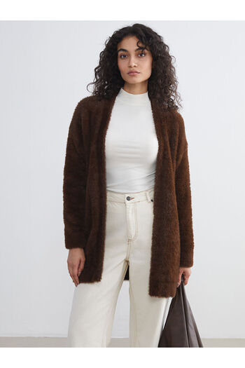 LC Waikiki Beige Shawl Collar Women's Plush Knitwear Cardigan