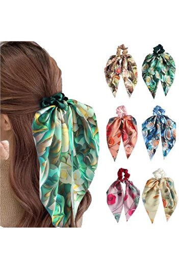 Generic 6 Pack Floral Fabric Scarf Hair Scrunchies Soft Ribbon Ponytail Holders for Women and Girls