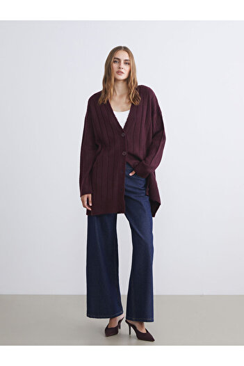 LC Waikiki Burgundy V-Neck Women's Knitwear Cardigan