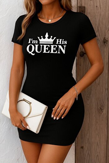 buğrahayalin    Women's Short Sleeve Queen Print Two Thread Mini Dress