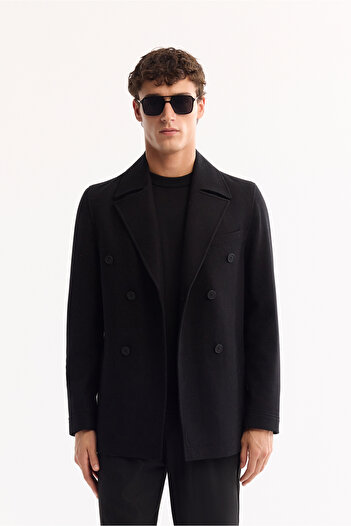 Avva Men's Black Double Breasted Wool Blend Lined Cashmere Coat A52Y6065