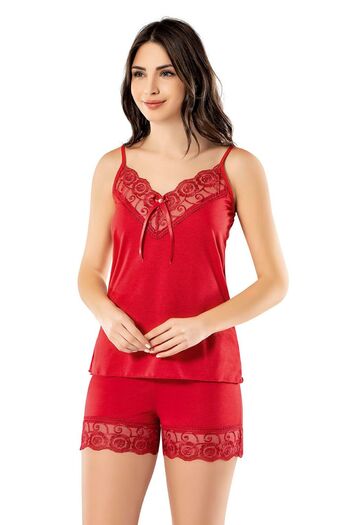 Bonnie Clyde Women's Charming Design Combed Cotton Tank Shorts Nightwear Suit Red - Red - Bcp1.Koitac63W41-Kir