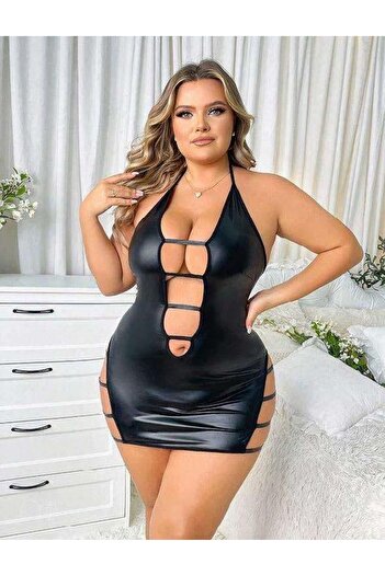ELEANA Plus Size Black Leather Fancy Dress with Rope Detail